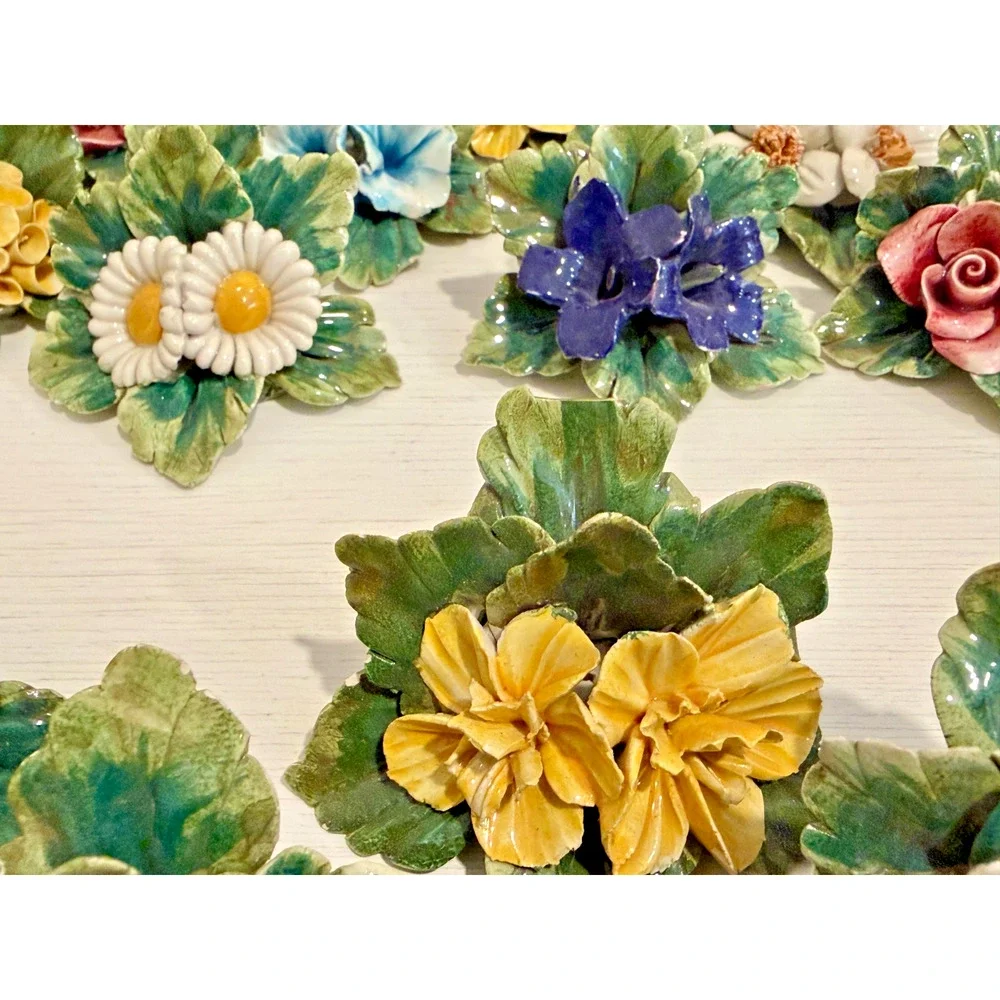 Vintage Italian Ceramic Floral Place Card Holders Set of 16 Italy 1950s Cottage